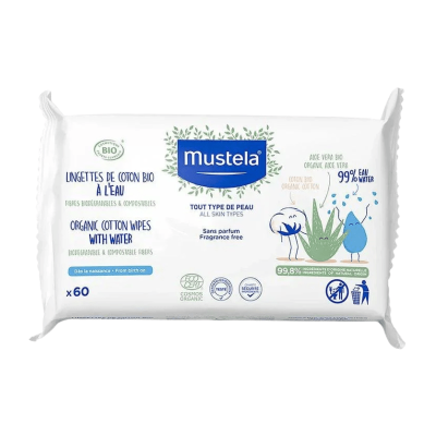 Mustela Lingettes Coton Bio à l'Eau, 60 pièces | UNIKA