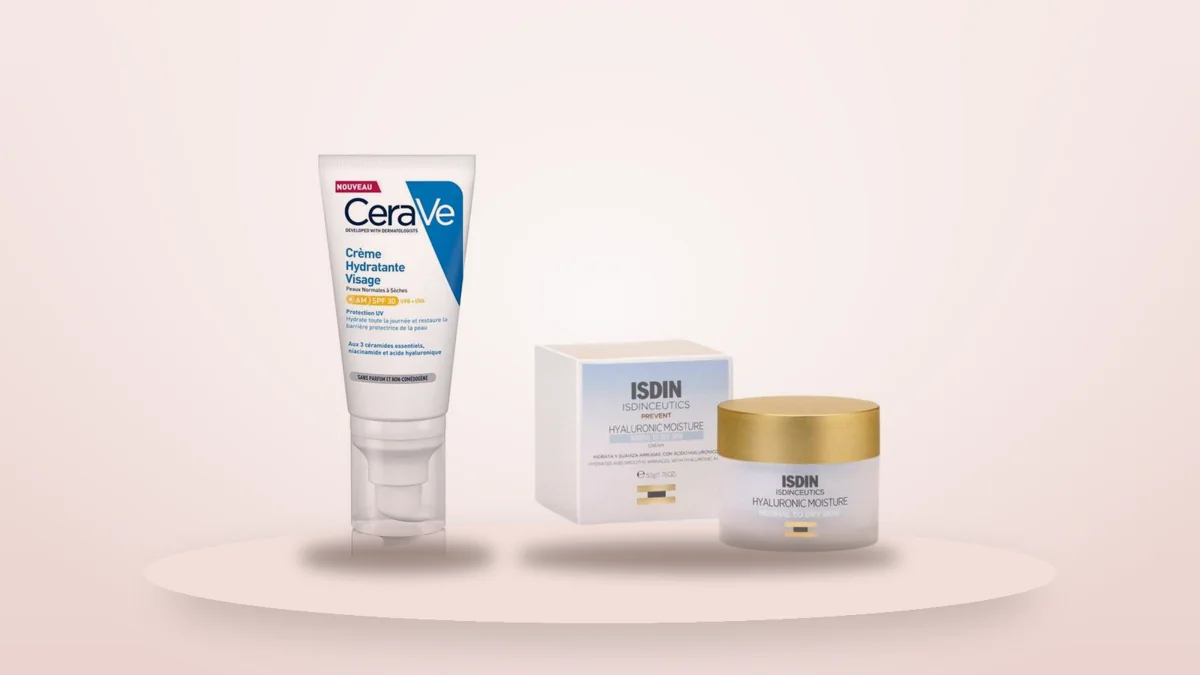 Cerave Creme hydratante visage spf 30 et Isdin Isdinceutics prevent hyaluronic moisture sur fond crème