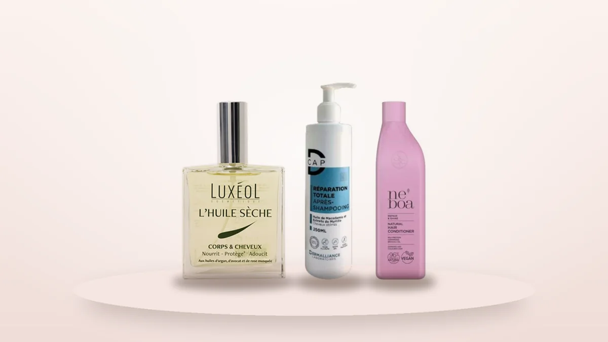 Luxeol L'huile sèche corps, D-Cap Reparation totale apres shampooing et Neboa Apres shampoing reparateur sur fond crème